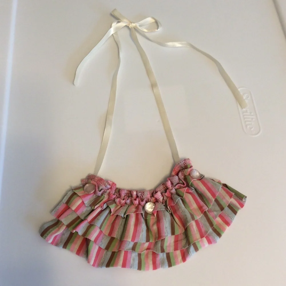 Handmade ruffle fabric necklace multicolored striped & vintage pearlized buttons